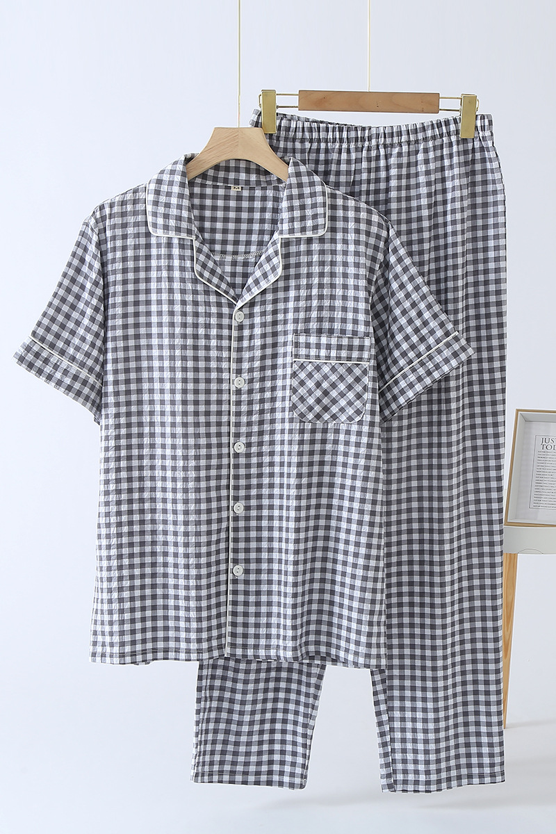Baumwolle Plaid Design männer Hosen Pyjamas Homewear Anzug für Herbst Dünne Kurzarm Hosen Plaid Homewear Pyjamas Männer – Detail 28