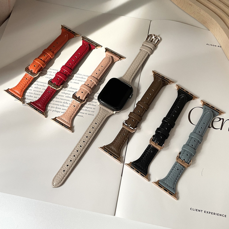 Suitable for Apple Pebbled Leather Strap Iwatch10/9/8/7/Se/6/5/4/32 Small Waist First Layer Leather