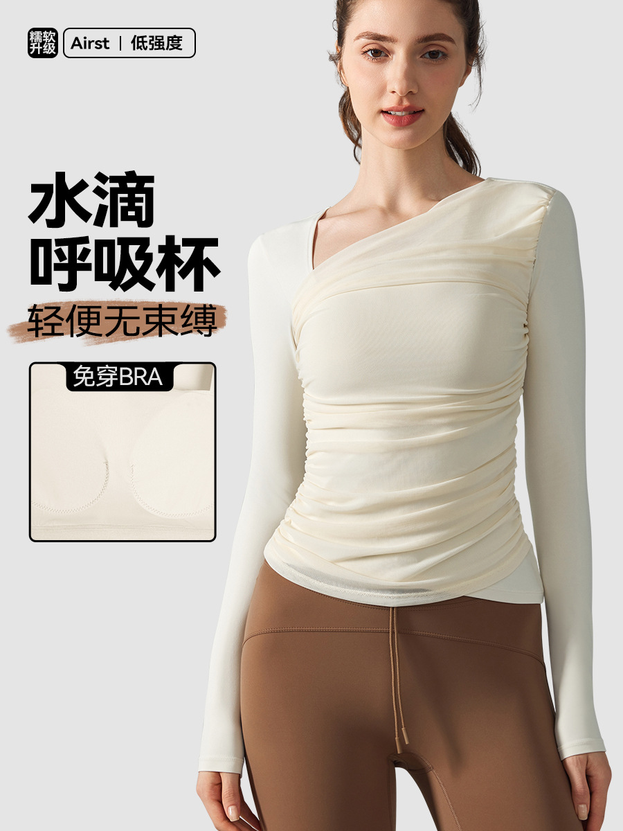 european and american diagonal collar yoga long sleeve t-shirt women‘s mesh splicing tape chest pad sports top fashion slimming workout top