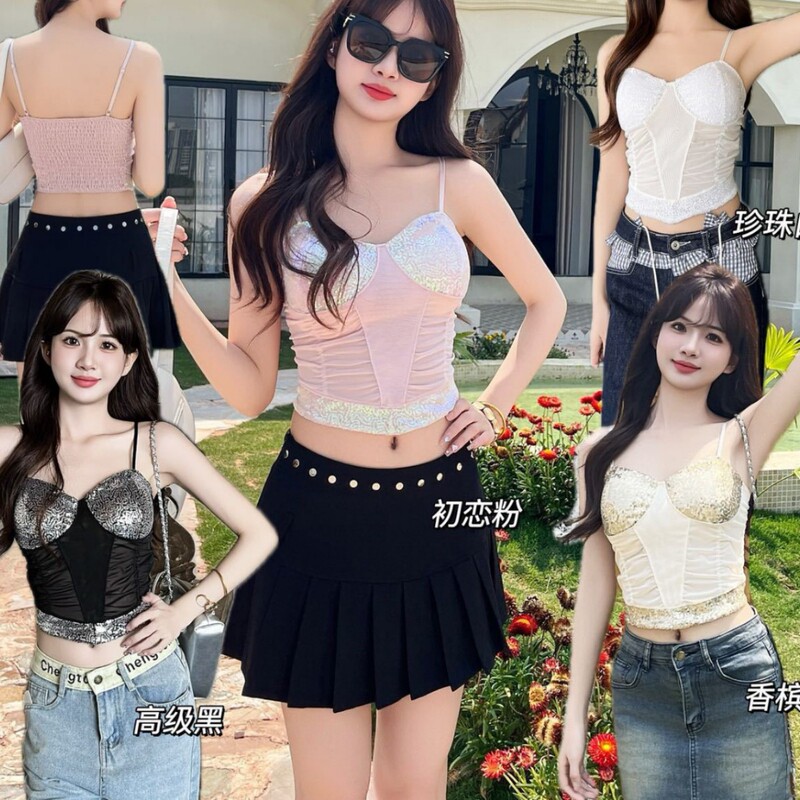 Sequined color-blocked women's camisole with beautiful back, pleated mesh see-through sexy top for hot girls