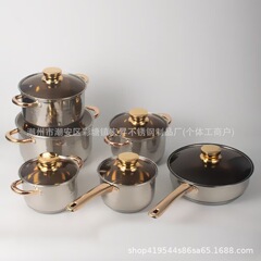 ステンレス製鍋12点セット、金メッキハンドル、厚底スープポット、ミルクポット、中華鍋、ギフトスープポットセット、輸出