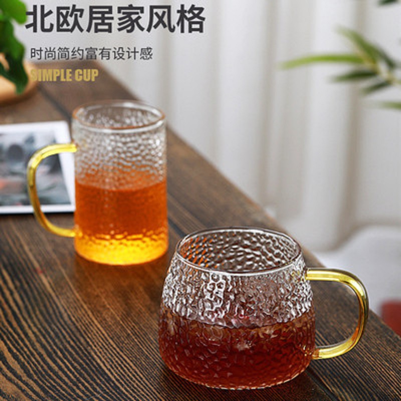 Taza de agua de vidrio martillado Internet celebridad Nórdico flor taza de té transparente simple oficina hecha a mano de gran capacidad resistente al calor taza de té