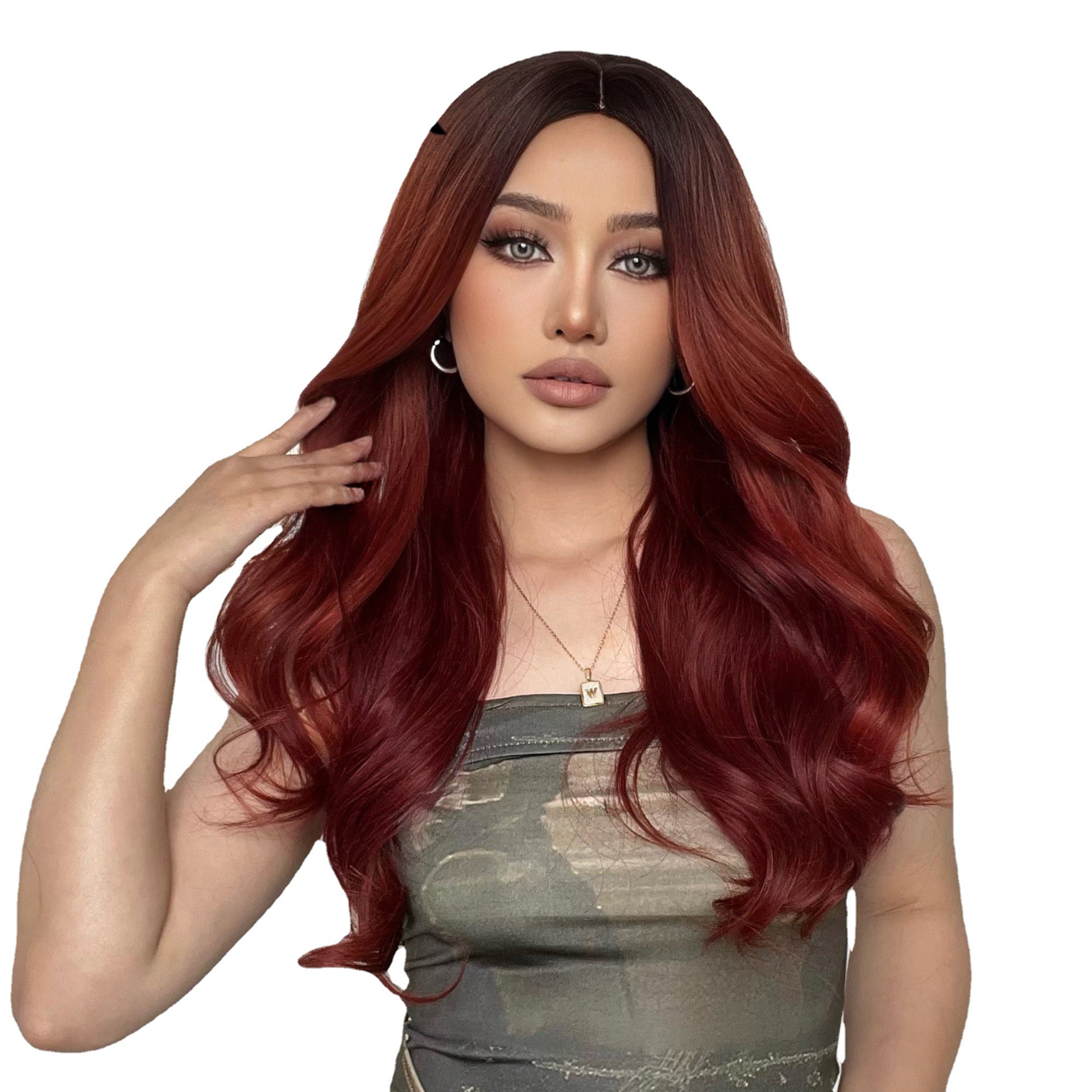 Celebridad de Internet, el más vendido, color de cabello burdeos degradado, parte media, pelo largo y rizado, peluca de fibra química para Halloween, flequillo de aire