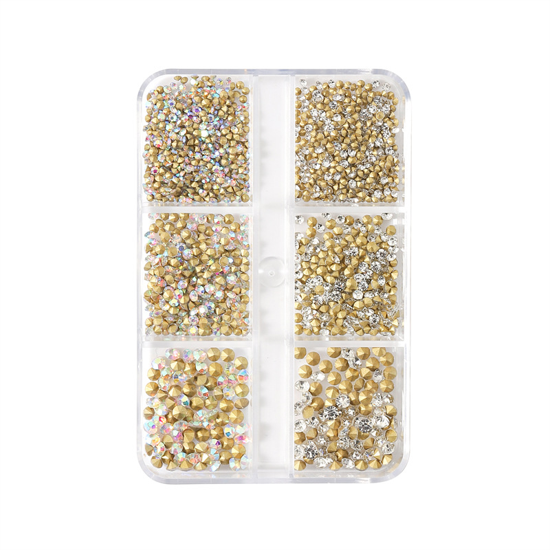 Internet celebridad nuevo estilo manicura pila diamante 6 rejilla en caja blanco rosa puntiagudo inferior diamante rhinestone nail joyería al por mayor