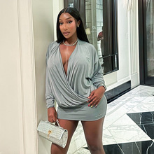 外贸欧美女装2025秋冬新款纯色时尚深V长袖收腰包臀性感连衣裙女