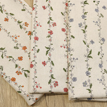 复古风条纹藤条碎花印花布 亚麻棉混纺平布 麻本色麻棉纺织面料