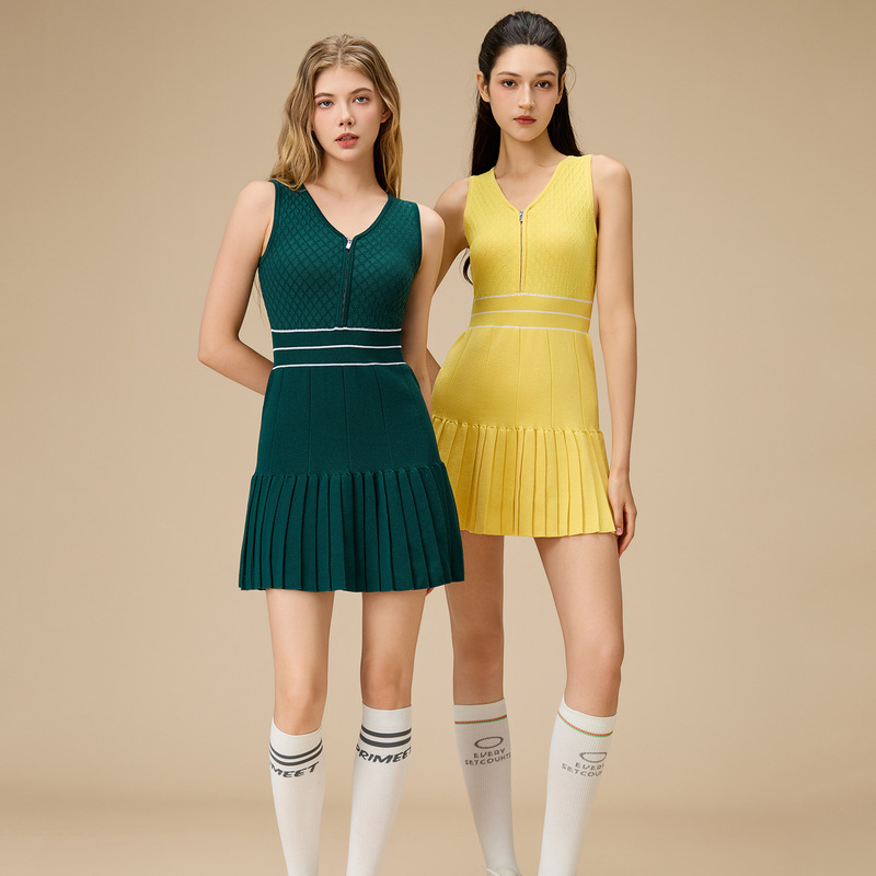 Old Money Style Contrasting Color Embroidered Sports Dress Zipper Golf Tennis Knitted Sleeveless Fashion Fitness Skirt Pleated