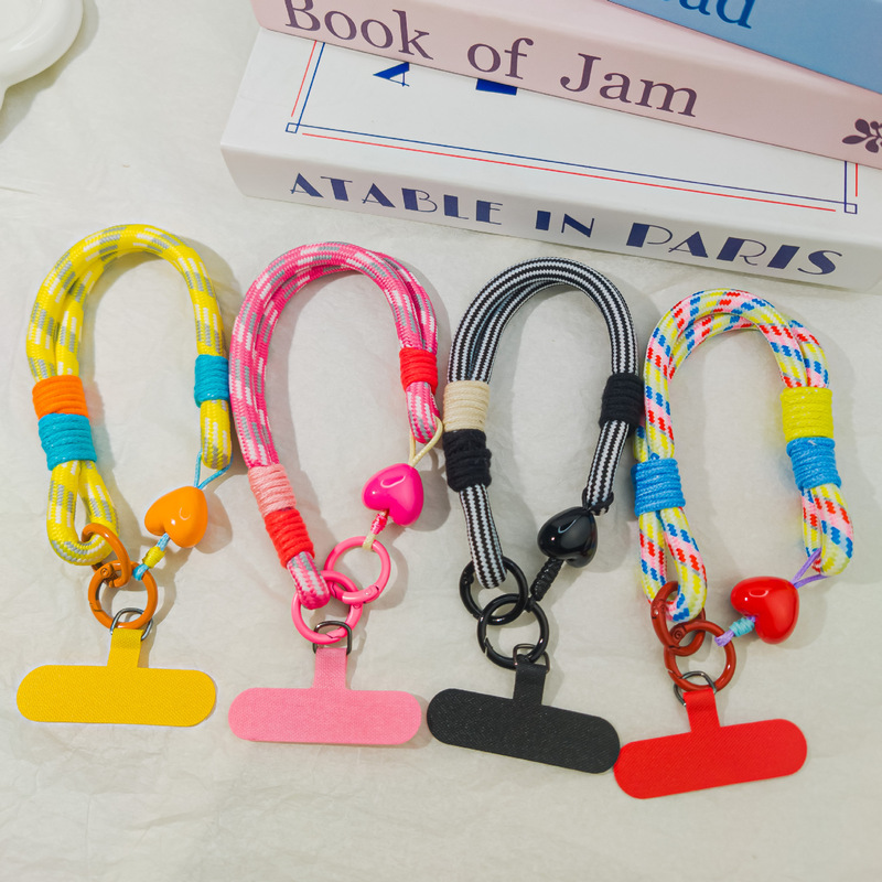 Spring Buckle Heart L53 Double Ring Buckle Mobile Phone Lanyard Short Hand Pendant Heart Braided Double-Strand Wristband Keychain Water