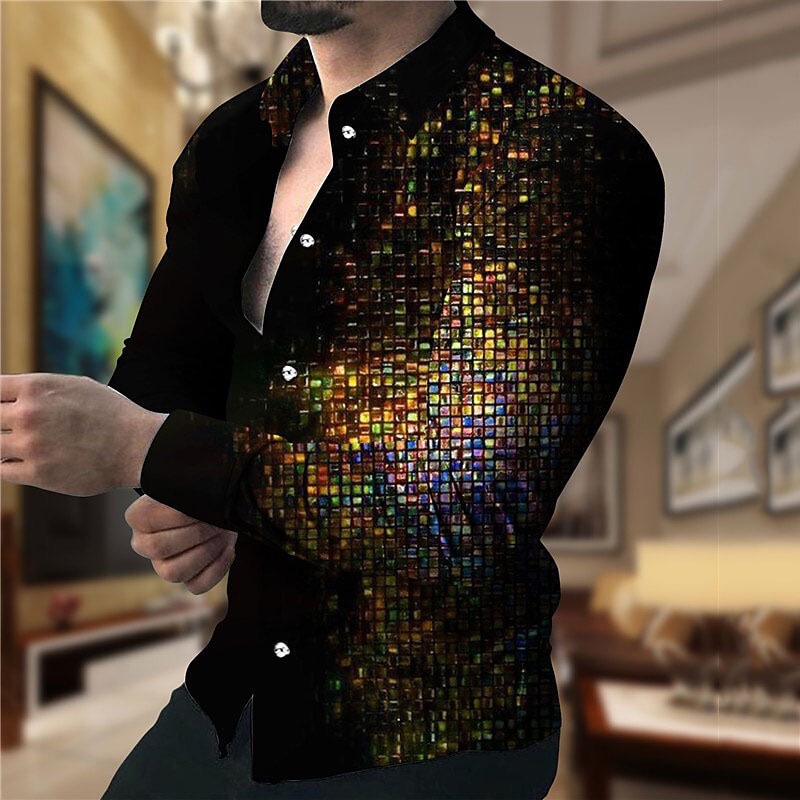 2025欧美男装衬衫秋季长袖翻领衬衫3d印花休闲衬衫男宽松男式衬衣|undefined