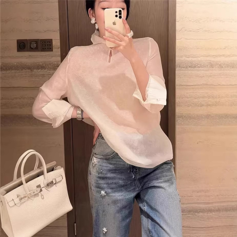 2026 Spring/Summer New Luxury Light-Weight Shiny Skin-Friendly Breathable Beaded Single-Button Elegant Stand Collar Light Chinese Style Shirt Top 2026 Spring/Summer New Luxury Light-Weight Shiny Skin-Friendly Breathable Beaded Single-Button Elegant Stand Collar Light Chinese Style Shirt Top