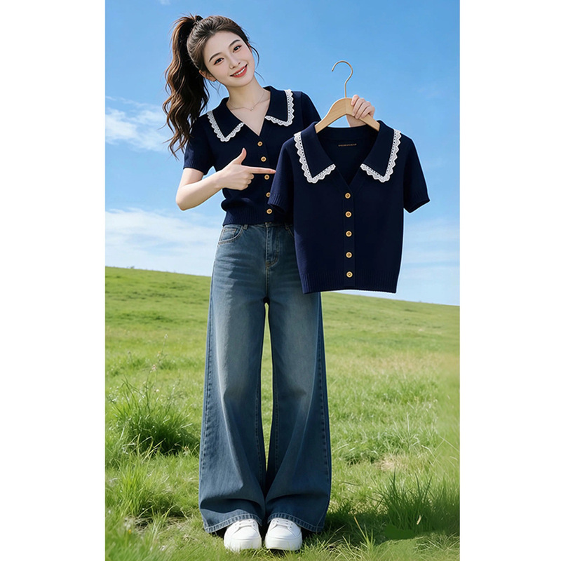Lace Trim Lapel Short-Sleeved Knitwear for Women 2026 Summer New Style Slimming Look Short-Sleeved T-Shirt A11050