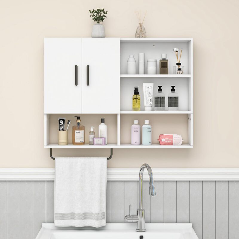 Factory Hot-Selling Medicine Cabinet, Wooden Bathroom Wall Cabinet, Double-Door Design, with Adjustable Shelves and Towel Bar Factory Hot-Selling Medicine Cabinet, Wooden Bathroom Wall Cabinet, Double-Door Design, with Adjustable Shelves and Towel Bar