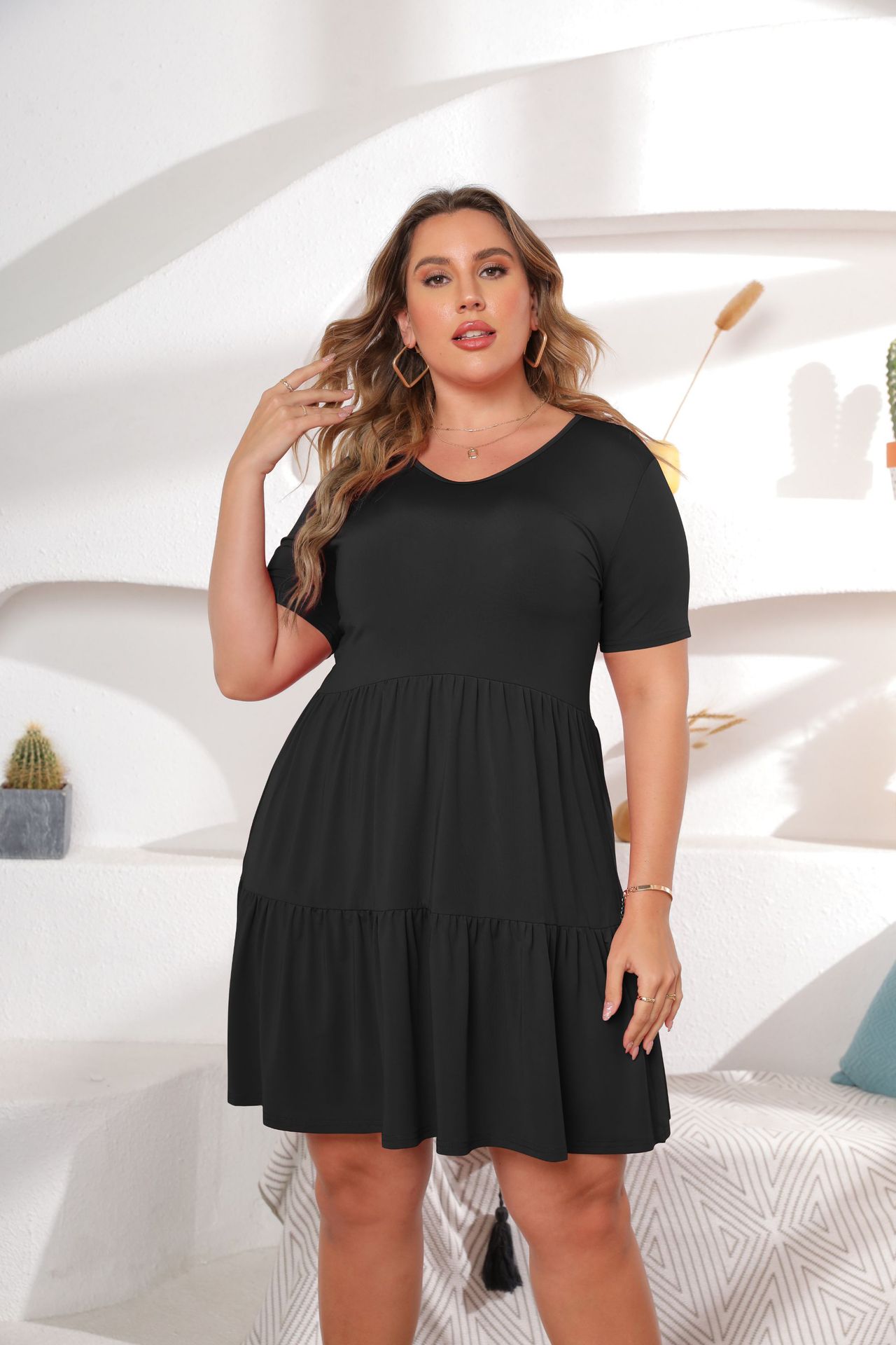 plus size short sleeve V-neck slim solid color dress NSFH130024