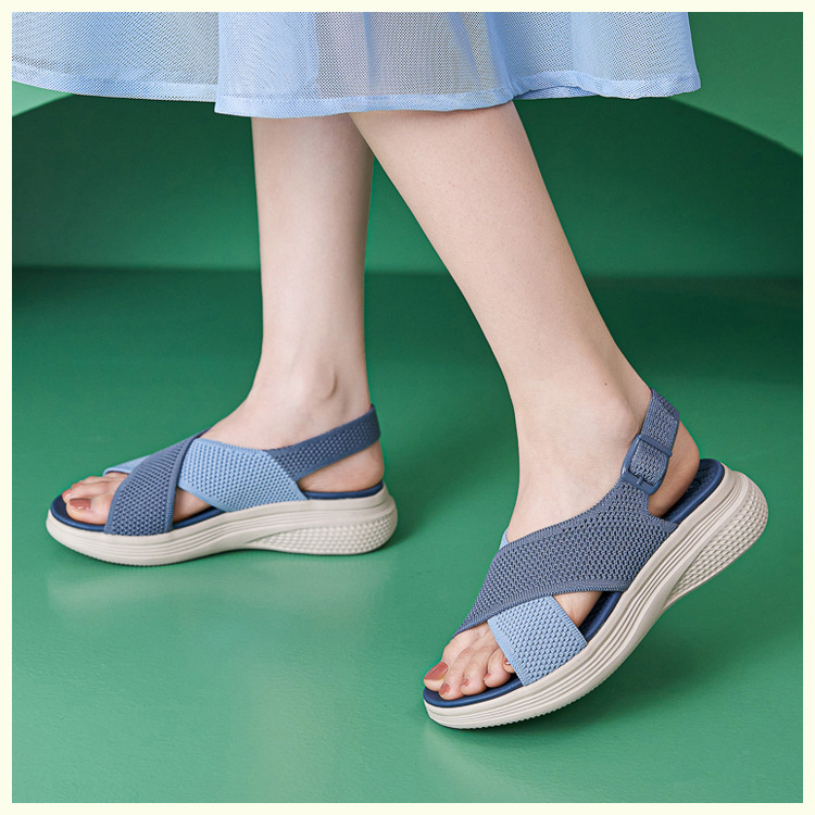 Sandal nữ quai chéo dệt kim phối dây rút, đế MD nhẹ êm — màu be, màu đen, xanh lam, màu hồng chi tiết 9