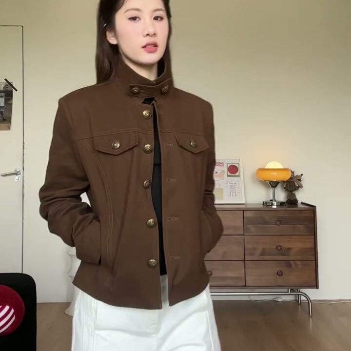 复古休闲工装立领设计短外套女2025秋季新款ins修身百搭夹克上衣|undefined