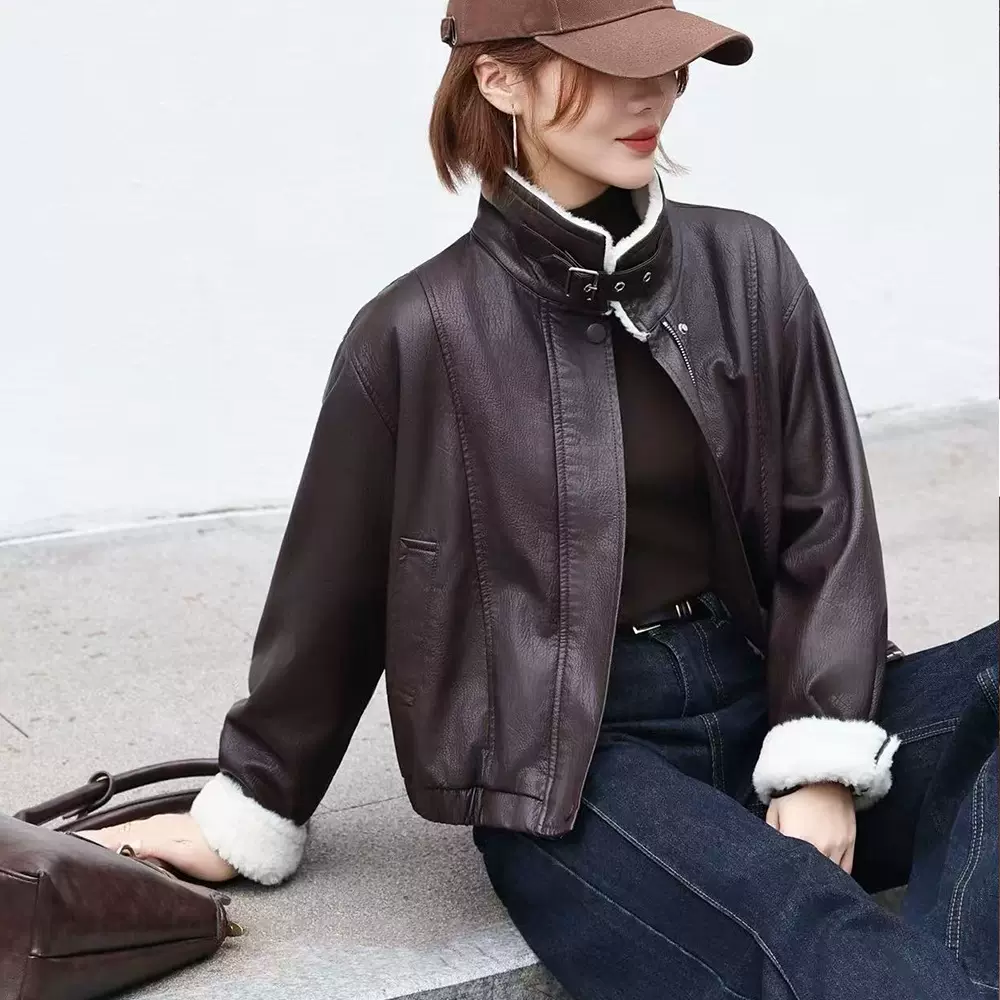 25秋冬复古美拉德加绒立领短皮衣外套女美式机车羊羔毛夹克29023