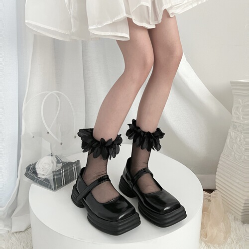 Sweet white petal-edged lace jk mid-calf socks Lolita transparent glass silk summer thin Mary Jane socks