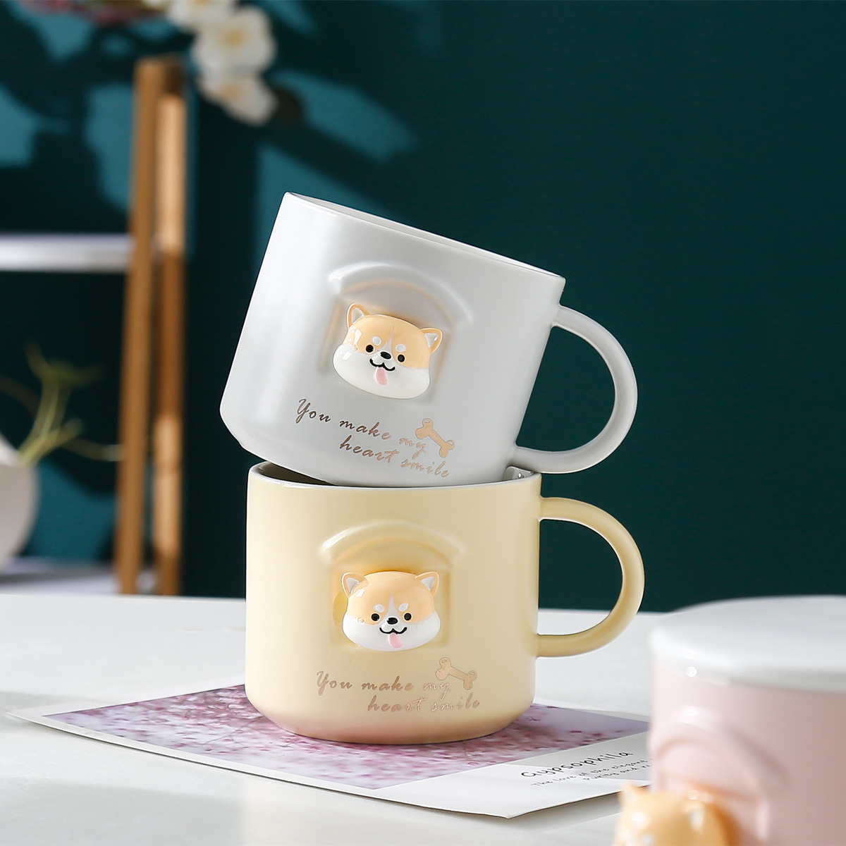 Tridimensional Shiba Inu Taza de cerámica de dibujos animados lindo perro Akita taza con tapa cuchara estudiante Oficina taza de agua en el hogar pareja