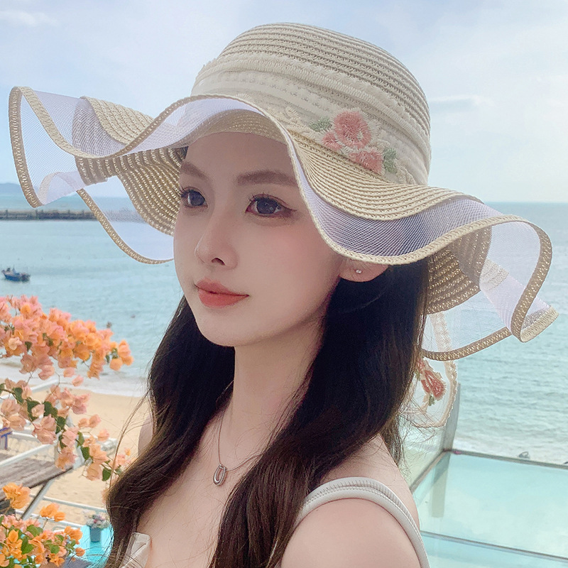 Sombrero de paja con lazo – estilo veraniego, ala ancha, para playa o vacaciones al aire libre