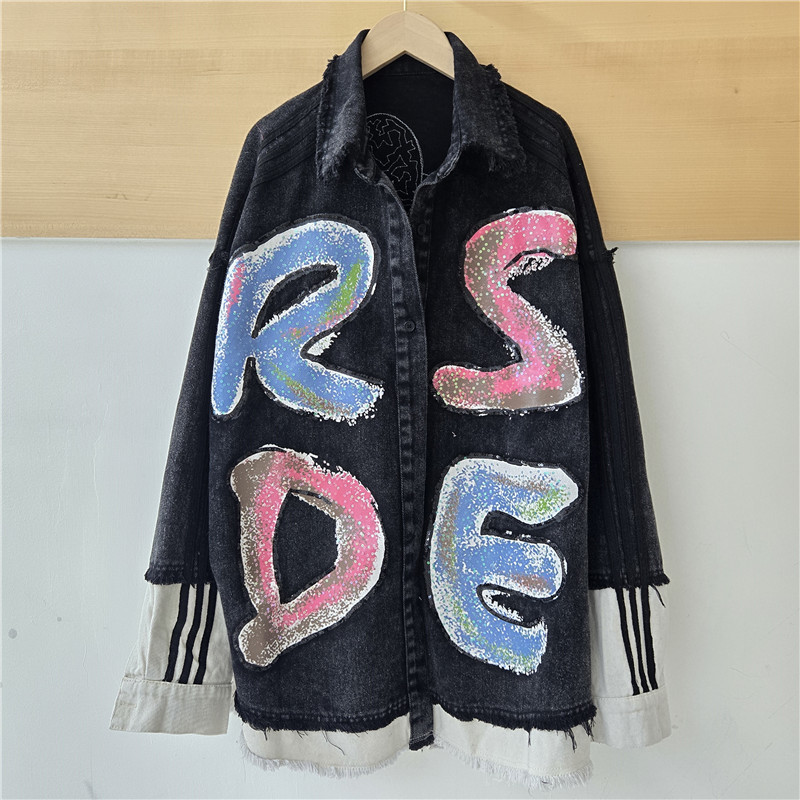 Marca de marea europea de la industria pesada empalme de contraste de color lavado de dibujos animados letras de impresión de diseño suelta gran camisa chaqueta de marea