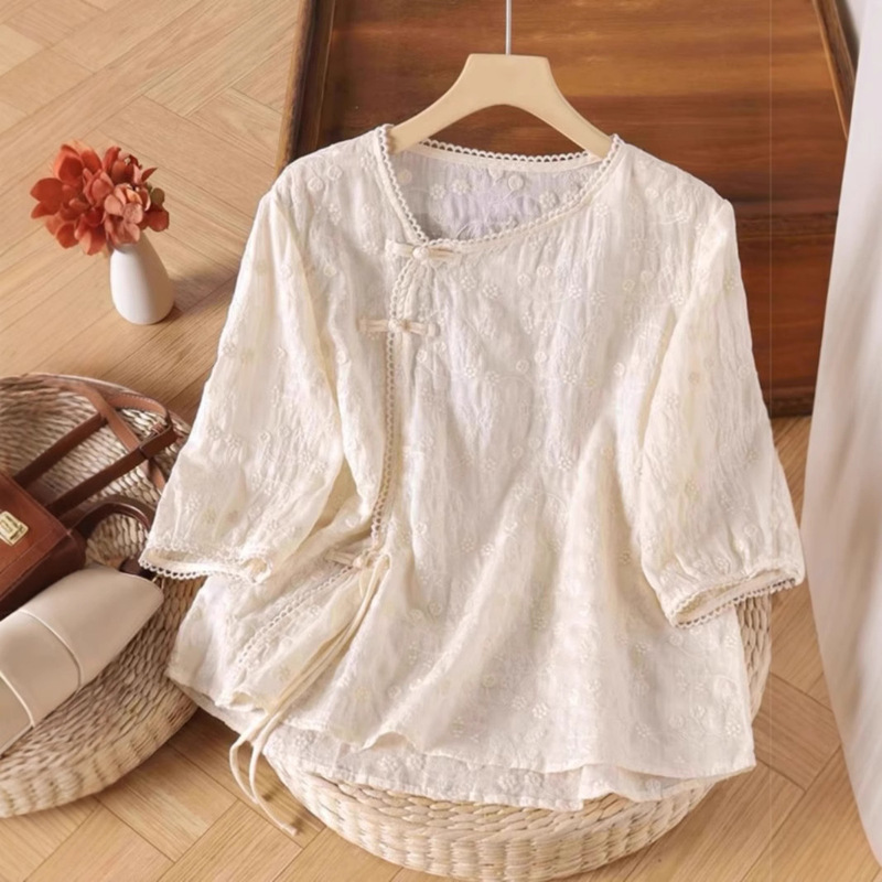 New Chinese-Style Asymmetrical Placket Button Ramie Shirt for Women, Summer Vintage National Style Heavy Embroidery Linen Tea Shirt Top New Chinese-Style Asymmetrical Placket Button Ramie Shirt for Women, Summer Vintage National Style Heavy Embroidery Linen Tea Shirt Top