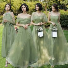 果綠色短袖伴娘服2022新款夏姐妹團長款顯瘦演出平時可穿的禮服裙