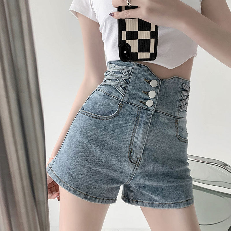 Elastic Hip-Hugging Straight-Leg Pants A-Line New Style Buttoned Cross-Design Ins-Style Slim-Fit Wide-Leg High-Waisted Denim Shorts for Women