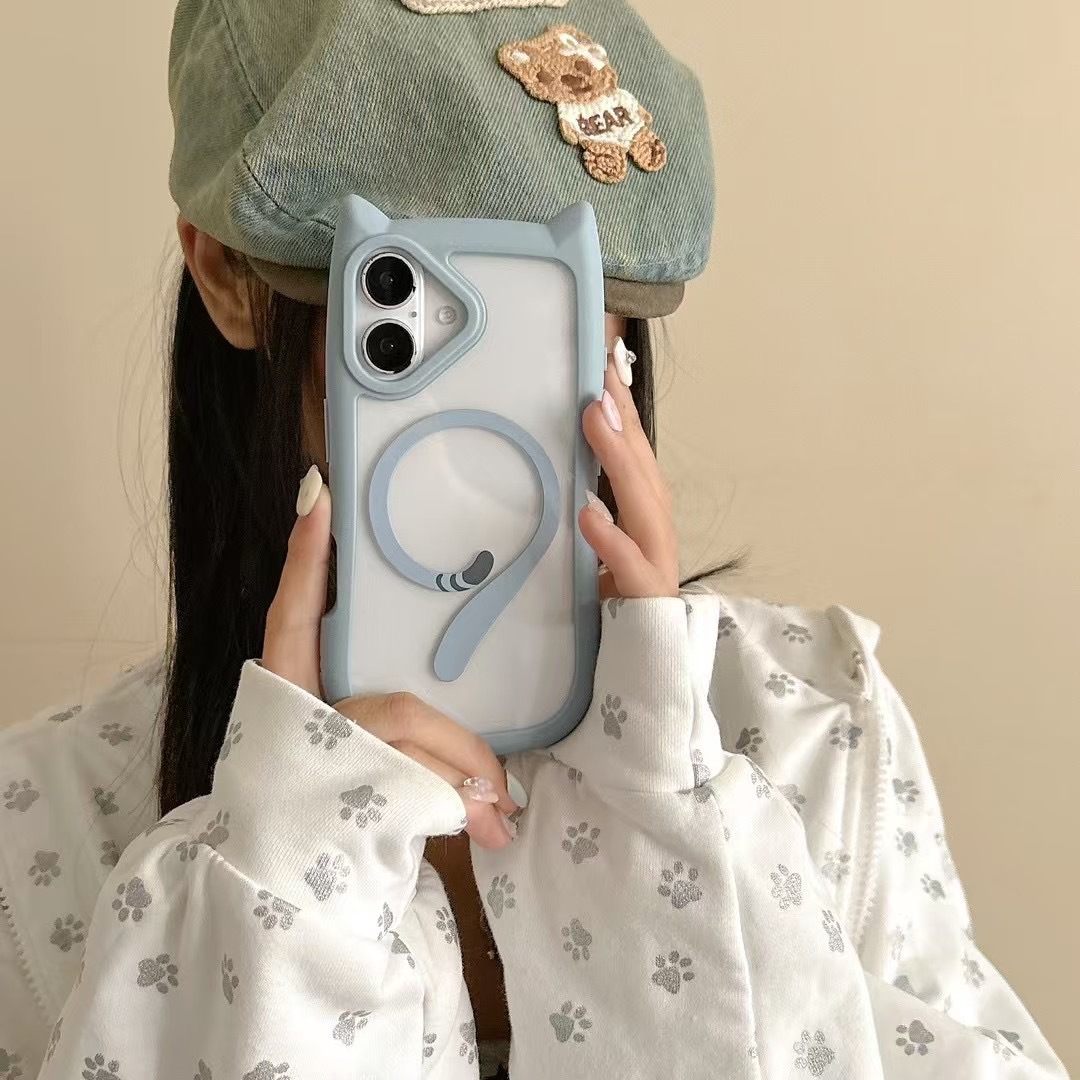 Oreja de gato de dibujos animados atracción magnética transparente para iPhone16ProMax Apple 14/13 funda para teléfono móvil 15P pareja 16 suave