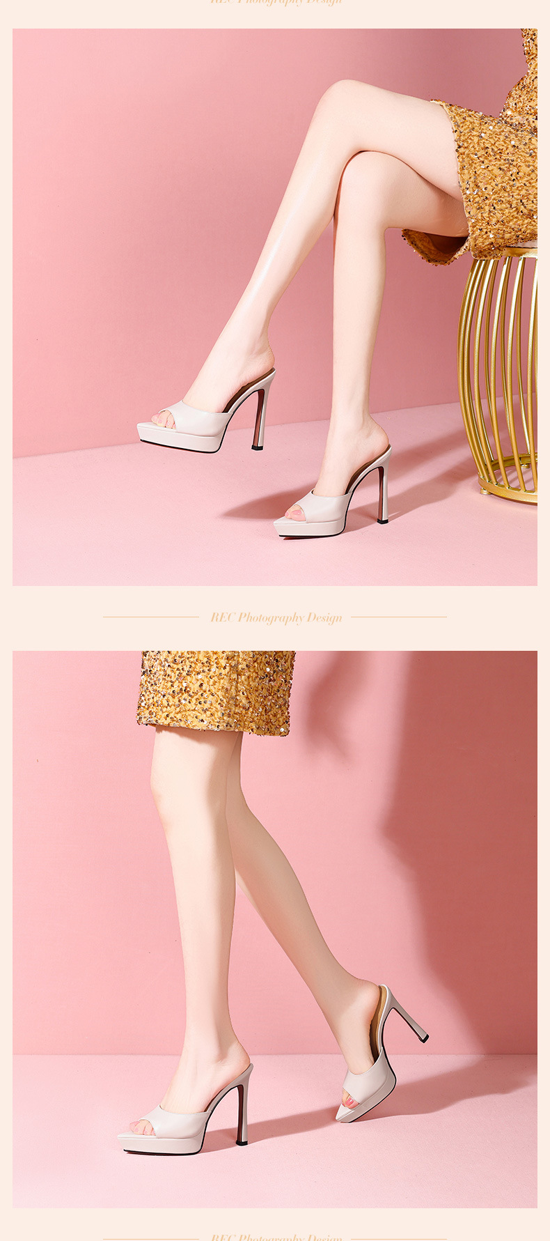 Sandal cao gót nữ mũi nhọn hở ngón, đế xuồng platform, da thật, gót 10 cm — Trần truồng 10㎝ chi tiết 7