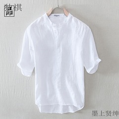 呼吸できる亜麻tシャツ夏の薄いレトロな亜麻の小さい立襟の半袖のシャツの男性の半袖の白色