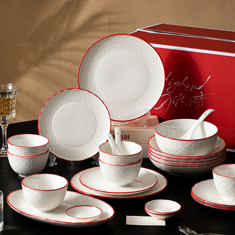 Simple Begonia Flower Series Tableware Set for Home Use, Chinese Style Embossed Ceramic Bowl and Plate Set, Rice Bowl and Dinner Plate