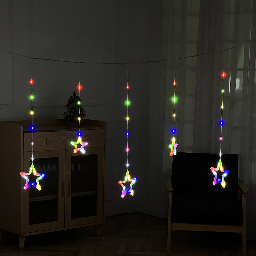 跨境LED星抱月窗帘灯星星灯庭院圣诞节日装饰灯户外露营氛围灯