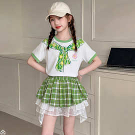女童甜美套装夏季小清新蝴蝶结绿色格纹蕾丝边套装裙子短袖儿童潮