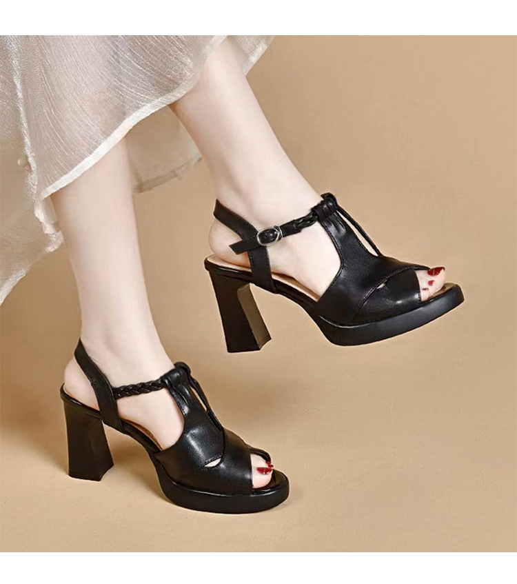 Sandal cao gót nữ đế dày da thật phong cách La Mã, gót 9 cm — Màu đen chi tiết 5
