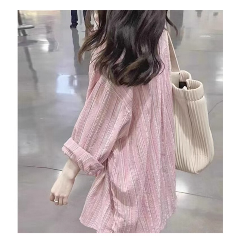 Pink Striped Shirt Coat Women's 2024 New Autumn Sunscreen Shirt Loose Lazy Style Cardigan Top Women