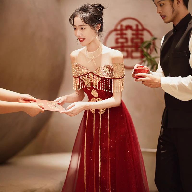 Chinese-Style Wedding Dress for the Bride 2026 New Summer Burgundy Wedding Chinese Style Xiuhe Dress Homecoming Casual Dress
