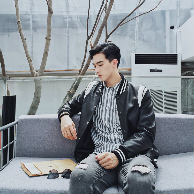 Wdf Haining Genuine Leather Jacket Men's Student Youth Slp Style Baseball Uniform Shirt Jacket Short Motorcycle Jacket
