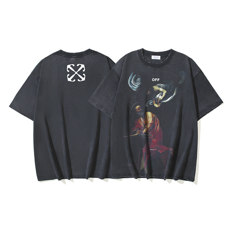 Verano nuevo OFF-WHITE lavado y desgastado doble hilo pesado ángel rojo anciano religioso estampado camiseta de manga corta hombre