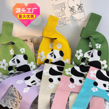 大熊猫文创针织袋手提包包周边上班杂物小拎包手腕编织布花花成都