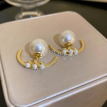 S925银针韩国弧形镶钻珍珠耳环女小众设计感轻奢高级感耳钉耳饰品