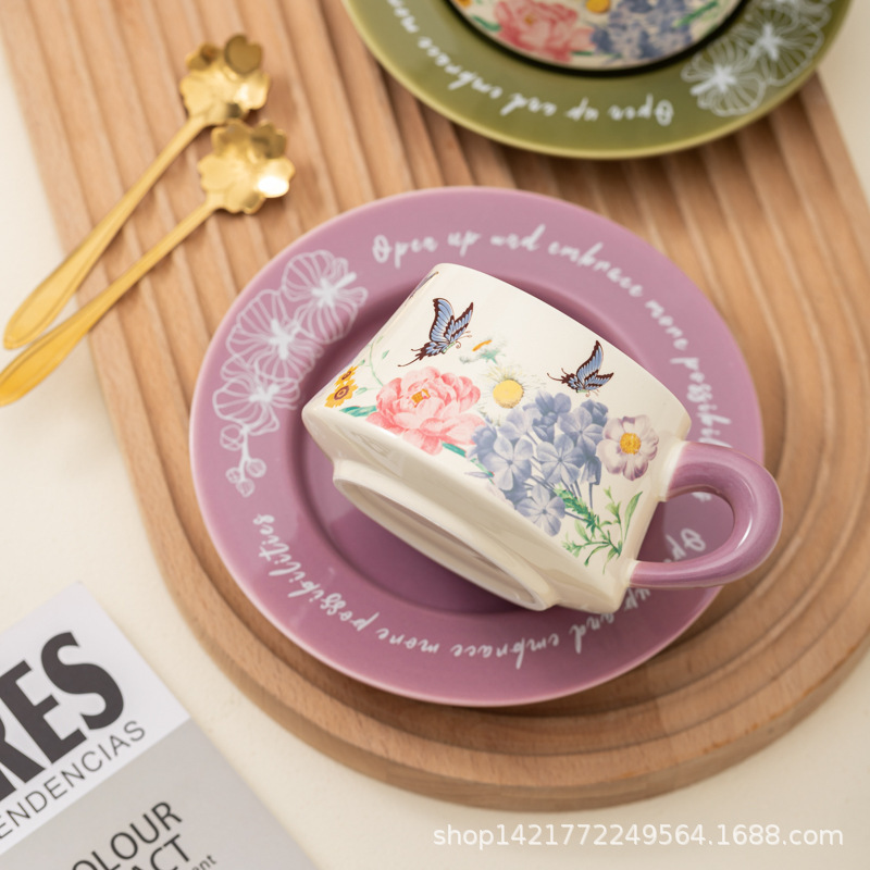 レトロ油絵コーヒーカップ皿セット陶磁器マグカップ小衆カップルカップ蝶コーヒーカップ皿ギフトボックス|undefined