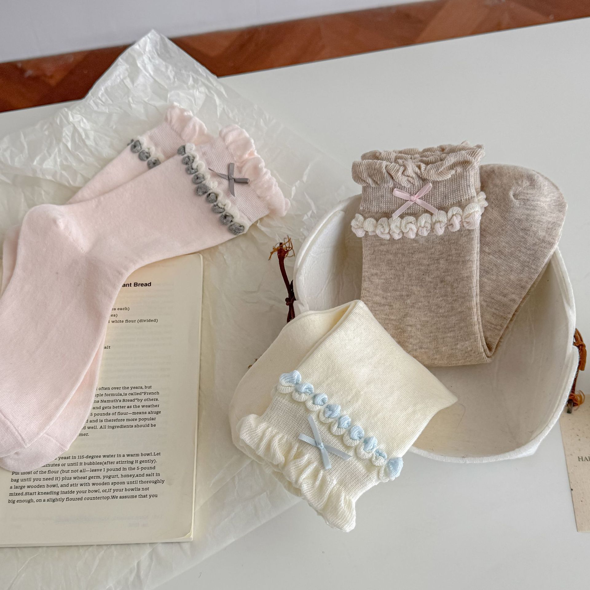 Coquette Romantic Cotton Ruffled Bobble Bow Crew Socks For Sweet Outfits Detail View 2