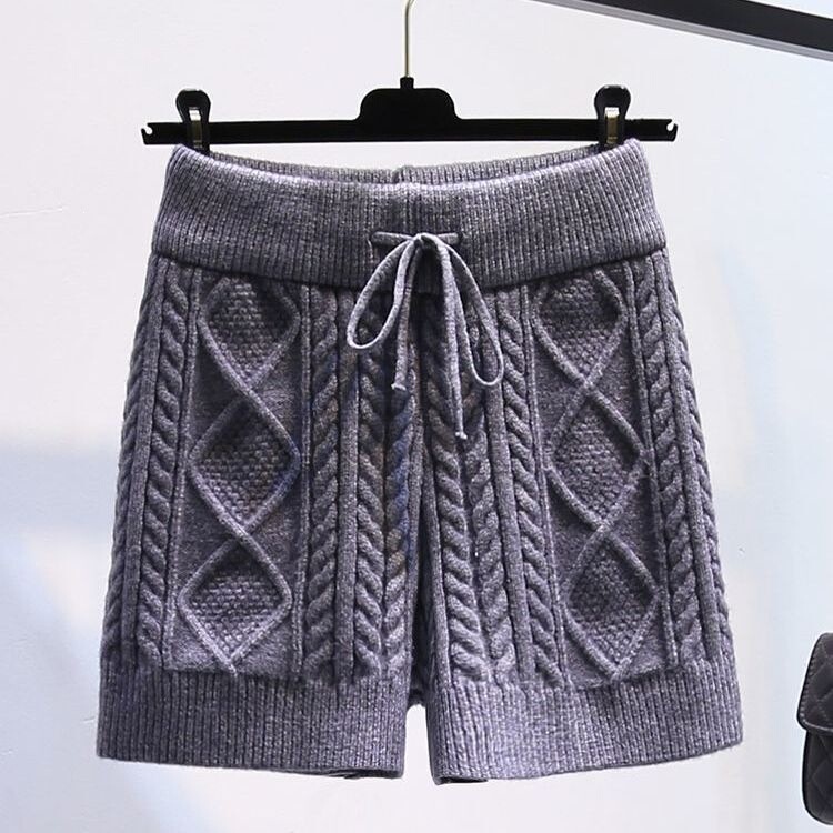 Twisted Knit Shorts, High-Waisted Diamond Pattern Woolen Casual Fashion Straight Pants for Women, New Autumn/Winter Style Twisted Knit Shorts, High-Waisted Diamond Pattern Woolen Casual Fashion Straight Pants for Women, New Autumn/Winter Style