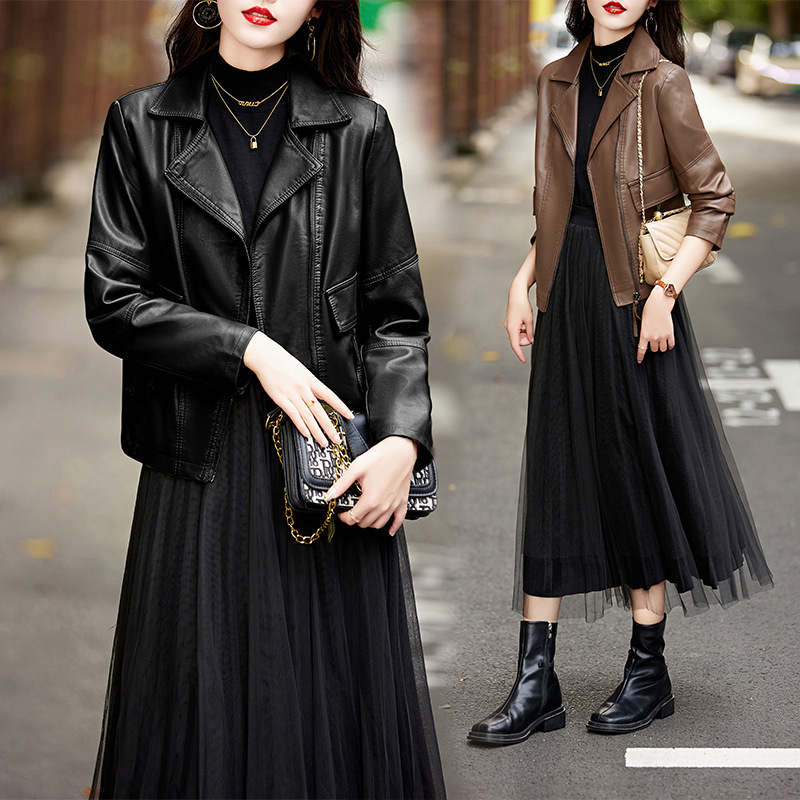 Women's Short Leather Jacket 2026 Spring and Autumn New Fashion Casual Versatile Hot-Selling Lapel Jacket Top