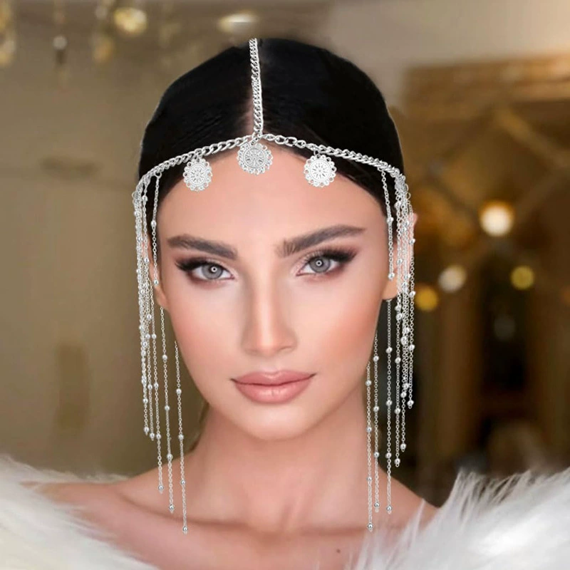 Трансграничная индийская цепочка на голову, греческая цепочка на голову, цепочка для волос с монетами и кисточками, головной убор из бисера для женщин и девочек (золото).