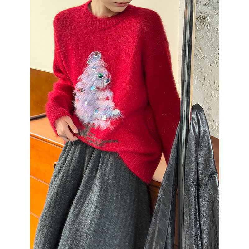 Orange New Year Sweater Thick Sequin Christmas Tree Thickened Warm Plush Soft Slimming Top for Women 2591