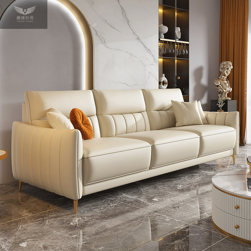 Nuevo sofá de cuero minimalista italiano, primera capa de piel de vaca, sala de estar minimalista moderna, apartamento pequeño, combinación en línea recta