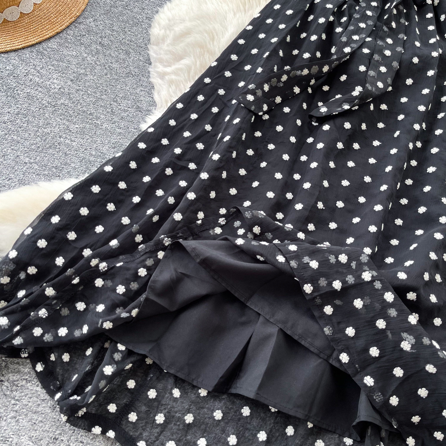 Black Polka Dot Mesh Dress For Women V Neck Short Sleeve High Waist Slimming A Line Long Skirt Ladylike Summer Style_ecoleips.com