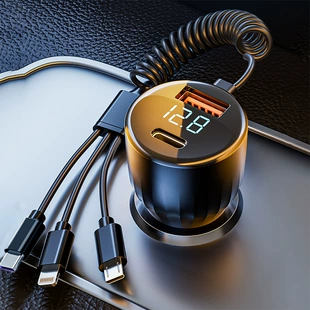 Автомобильное зарядное устройство 66 Вт, мультипорт USB-C PD + USB-A QC, цифровой дисплей, 3 в 1 кабель
