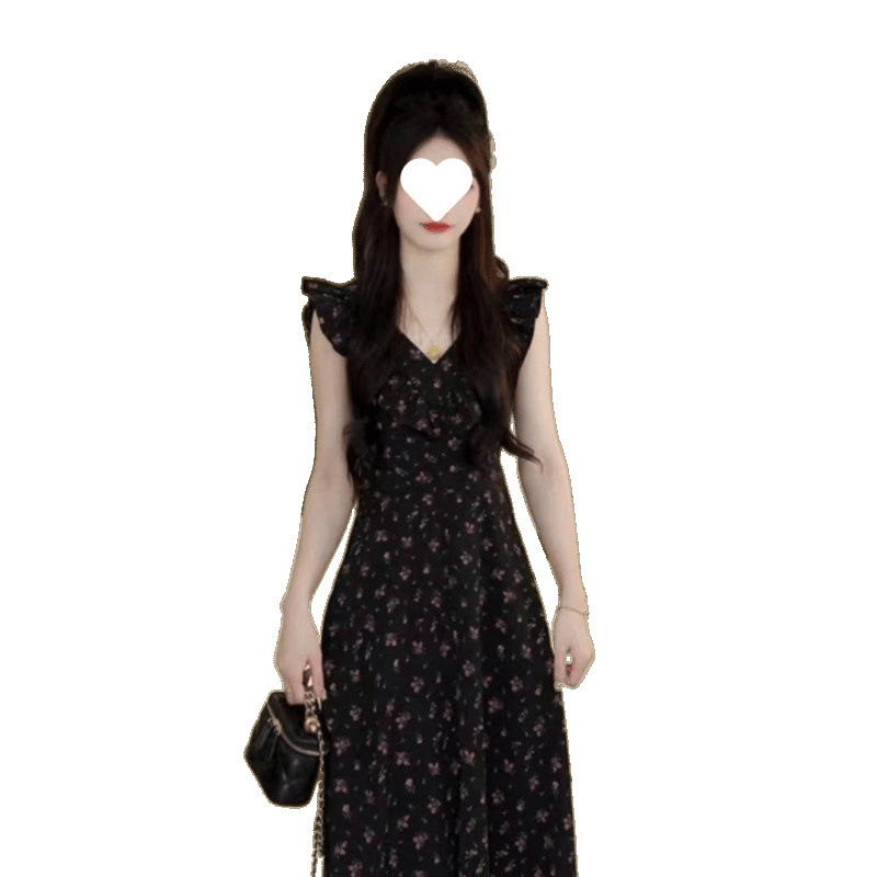 フロントとバックのツーピース花柄ドレス女性 2025 夏新フレンチスタイルウエスト小さなフライングスリーブ|undefined